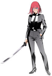 Rule 34 | 1girl, absurdres, alternate costume, black footwear, black necktie, black pants, blue eyes, blush, breasts, chainsaw man, commentary, english commentary, frown, fukou, full body, grey jacket, grey pants, hand in own hair, highres, hisui (tsukihime), holding, holding sword, holding weapon, jacket, katana, long sleeves, looking at viewer, medium breasts, medium hair, necktie, pants, red hair, shiny skin, shirt, simple background, solo, standing, sword, tsukihime, weapon, white background, white shirt