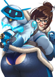Rule 34 | 1girl, ass, ass cutout, black-framed eyewear, blizzard (company), blue gloves, blue panties, blue pantyhose, blush, breasts, brown eyes, brown hair, clothing cutout, coat, covered erect nipples, drone, embarrassed, from behind, fur-trimmed jacket, fur coat, fur trim, glasses, gloves, hair ornament, hair stick, huge breasts, jacket, ken19941028, mei (overwatch), open mouth, overwatch, overwatch 1, panties, pantyhose, plump, print pantyhose, snowball (overwatch), solo, thick thighs, thighs, torn clothes, torn pantyhose, underwear, wardrobe malfunction, winter clothes, winter coat