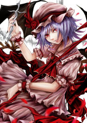 Rule 34 | 1girl, ascot, bat wings, blue hair, female focus, hat, hat ribbon, highres, holding, kazabana fuuka, looking at viewer, md5 mismatch, petals, red eyes, remilia scarlet, resolution mismatch, ribbon, solo, source smaller, touhou, wings, wrist cuffs