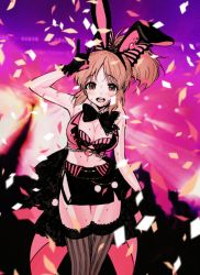 Rule 34 | 1girl, abe nana, animal ears, bare shoulders, black bow, black bowtie, black gloves, blush, bow, bowtie, breasts, brown eyes, brown hair, butterfly hair ornament, chungu, cleavage, commentary, confetti, cowboy shot, crop top, detached collar, fake animal ears, fox shadow puppet, gloves, hair ornament, hairband, heart, idolmaster, idolmaster cinderella girls, idolmaster cinderella girls starlight stage, lace, lace-trimmed legwear, lace trim, large breasts, miniskirt, navel, open mouth, pencil skirt, ponytail, rabbit ears, skirt, smile, solo, sweat, symbol-only commentary, thighhighs, zettai ryouiki