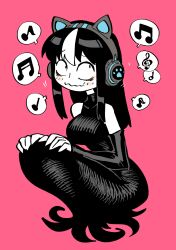 Rule 34 | 1girl, animal ear headphones, animal ears, bare shoulders, black dress, black hair, breasts, cat ear headphones, cat ears, dress, elbow gloves, fake animal ears, fingerless gloves, gloves, hand on own knee, headphones, highres, large breasts, limited palette, long dress, medium breasts, multicolored hair, musical note, noss &amp; zakuro, noss (rariatto), pink background, rariatto (ganguri), solo, spoken musical note, streaked hair, vampire, wavy mouth, white hair