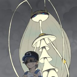 Rule 34 | 1boy, antennae, backpack, bag, baseball cap, black hair, blue eyes, constricted pupils, creatures (company), creepy, elio (pokemon), game freak, gen 7 pokemon, gguinep, hat, height difference, legendary pokemon, looking down, male focus, nintendo, pheromosa, pokemon, pokemon (creature), pokemon sm, ringed eyes, scared, shaded face, shirt, striped clothes, striped shirt, sweatdrop, ultra beast