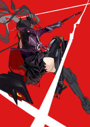 Rule 34 | 1girl, absurdres, ass, back cutout, black hair, black skirt, clothing cutout, collared jacket, from behind, gohanduck, highres, jacket, jewelry, lucia: plume (punishing: gray raven), lucia (punishing: gray raven), mechanical legs, punishing: gray raven, red background, ring, skirt, solo, sword, twintails, weapon