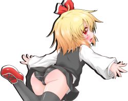 Rule 34 | 1girl, ass, bad id, bad pixiv id, black panties, black thighhighs, blonde hair, blush, cameltoe, fang, hair ribbon, long sleeves, looking at viewer, looking back, oden (th-inaba), open mouth, outstretched arms, panties, pantyshot, red eyes, ribbon, rumia, shirt, simple background, skirt, skirt set, smile, solo, thighhighs, touhou, underwear, upskirt, vest, white background