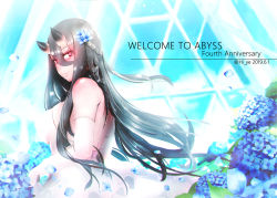 Rule 34 | 1girl, abyssal ship, alternate costume, battleship princess, black hair, blush, breasts, dress, elbow gloves, flower, gloves, gradient background, hi ye, horns, kantai collection, large breasts, long hair, looking at viewer, pale skin, red eyes, single horn, skin-covered horns, smile, solo, very long hair, wedding, wedding dress, white dress, white gloves
