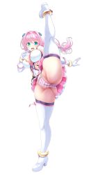 Rule 34 | 1girl, aigan tenshi cheery pink, blue eyes, boots, breasts, cameltoe, cheery pink, elbow gloves, gloves, highres, large breasts, leg lift, leg up, long hair, low-tied long hair, magical girl, miniskirt, panties, pink hair, pink panties, pink skirt, pleated skirt, simple background, skirt, solo, split, standing, standing on one leg, standing split, striped clothes, striped panties, thigh boots, thighhighs, underwear, v-mag, white background, white footwear, white gloves