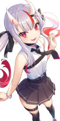 Rule 34 | 1girl, absurdres, bare shoulders, black necktie, black ribbon, black skirt, collared vest, commentary, dutch angle, earrings, fangs, from above, hair ornament, hair ribbon, highres, hololive, horns, jewelry, looking at viewer, multicolored hair, nakiri ayame, nakiri ayame (streetwear), necktie, nishino eri, oni, open mouth, pleated skirt, red eyes, ribbon, sidelocks, silver hair, simple background, skin-covered horns, skirt, smile, solo, streaked hair, thigh strap, thighhighs, twintails, vest, virtual youtuber, white background, white vest, x hair ornament