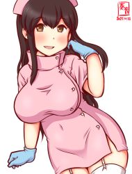Rule 34 | 1girl, akagi (kancolle), alternate costume, artist logo, black hair, blue gloves, breasts, brown eyes, commentary request, cowboy shot, dated, dress, garter straps, gloves, hat, kanon (kurogane knights), kantai collection, large breasts, long hair, nurse, nurse cap, one-hour drawing challenge, pink dress, pink hat, simple background, solo, straight hair, thighhighs, white background, white thighhighs