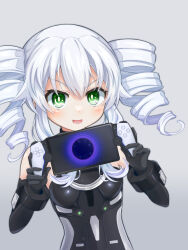 Rule 34 | 1girl, absurdres, bare shoulders, black gloves, black leotard, black sister, blush, boots, breasts, choujigen game neptune mk2, drill hair, elbow gloves, gloves, green eyes, highres, leotard, long hair, neptune (series), power symbol, power symbol-shaped pupils, shionic zm, small breasts, solo, symbol-shaped pupils, twin drills, upper body, white hair