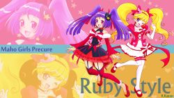 Rule 34 | 2girls, :d, ;d, artist name, asahina mirai, black hat, blonde hair, bow, brooch, choker, copyright name, cure magical, cure magical (ruby style), cure magical ruby style, cure miracle, cure miracle (ruby style), cure miracle ruby style, detached sleeves, earrings, frills, full body, gloves, hair bow, hat, heart, heart earrings, highres, izayoi liko, jewelry, kasuga rurito, long hair, looking at viewer, magical girl, mahou girls precure!, mary janes, mini hat, mini witch hat, multiple girls, one eye closed, open mouth, pink hat, precure, puffy sleeves, purple eyes, purple hair, red bow, red footwear, red legwear, red skirt, riko (mahou girls precure!), ruby style, shoes, skirt, smile, star (symbol), star earrings, striped, striped bow, thighhighs, twintails, white gloves, white legwear, witch hat, zoom layer