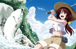 Rule 34 | 1girl, :d, belt, belt pouch, blue sky, bra, brown eyes, brown hair, cloud, crop top, crop top overhang, day, fish, fishing, fishing line, fishing rod, forest, hair ribbon, hat, long hair, midriff, nature, navel, nori tamago, open mouth, original, ponytail, pouch, ribbon, river, rock, shirt, shorts, sky, sleeveless, sleeveless shirt, smile, solo, straw hat, underwear, wading, water, white bra