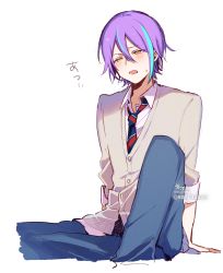 Rule 34 | 1boy, arm support, blue hair, blue necktie, blue pants, blush, brown eyes, cardigan, collared shirt, diagonal-striped clothes, diagonal-striped necktie, diagonal-striped neckwear, feet out of frame, grey cardigan, hair between eyes, half-closed eyes, highres, kamishiro rui, kamiyama high school uniform (project sekai), knee up, long sleeves, male focus, multicolored hair, necktie, pants, project sekai, purple hair, school uniform, shirt, signature, simple background, sitting, sofra, solo, streaked hair, striped clothes, striped necktie, striped neckwear, translation request, twitter username, white background, white shirt