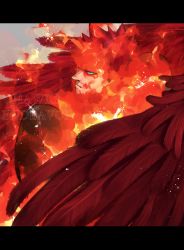 Rule 34 | 1boy, absurdres, beard, blue eyes, boku no hero academia, endeavor (boku no hero academia), facial hair, feathered wings, fire, hawks (boku no hero academia), highres, konishi (zatuizatui598), letterboxed, looking at viewer, male focus, mature male, muscular, muscular male, red hair, red wings, short hair, sideburns, solo focus, spiked hair, spread wings, upper body, wings