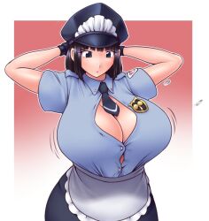 Rule 34 | 1girl, apron, arms up, badge, black eyes, black gloves, black hair, black headwear, black necktie, blue shirt, blunt bangs, breasts, bursting breasts, buttons, cleavage, closed mouth, eyelashes, flying button, frilled apron, frills, frown, gloves, hat, huge breasts, kuma (kumahoihoi), maid apron, motion lines, necktie, outline, peaked cap, shirt, shirt tucked in, short hair, short necktie, short sleeves, waist apron, white apron, white outline