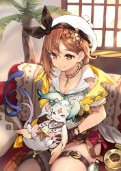 Rule 34 | 1girl, absurdres, atelier (series), atelier ryza, atelier ryza 2, beret, black thighhighs, braid, breasts, bridal garter, brown eyes, brown gloves, brown hair, cleavage, closed mouth, collarbone, commentary request, earrings, fi (atelier), french braid, gloves, hat, highres, hinoki yuu, indoors, jacket, jewelry, key, key necklace, necklace, red shorts, reisalin stout, short hair, short shorts, shorts, single thighhigh, sitting, smile, thighhighs, white headwear, yellow jacket