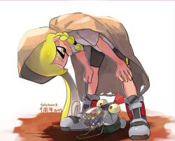 Rule 34 | 1girl, agent 3 (splatoon 3), bike shorts, blonde hair, braid, brown cloak, cloak, commentary, doro mizu 831, eyebrow cut, full body, hood, hooded cloak, inkling, inkling girl, inkling player character, nintendo, red eyes, red hair, shirt, simple background, single braid, smallfry (splatoon), splatoon (series), splatoon 3, standing, symbol-only commentary, torn cloak, torn clothes, translation request, white background, white shirt, yellow eyes