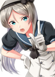 Rule 34 | 1girl, blue eyes, blue sailor collar, blush, dress, gloves, grey hair, hat, highres, javelin (kancolle), kamelie, kantai collection, long hair, looking at viewer, open mouth, sailor collar, sailor dress, sailor hat, short sleeves, simple background, solo, white background, white dress, white gloves, white hat