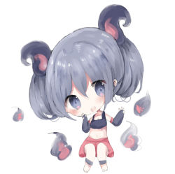 Rule 34 | 1girl, :d, bad id, bad pixiv id, bare shoulders, barefoot, black gloves, blush, breasts, chibi, cleavage, cottontailtokki, crop top, curled horns, elbow gloves, fingerless gloves, full body, gloves, grey eyes, grey hair, head tilt, horns, looking at viewer, open mouth, original, puffy shorts, red shorts, round teeth, short hair, short shorts, shorts, simple background, smile, solo, teeth, upper teeth only, white background