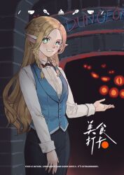 Rule 34 | 1girl, :d, alternate costume, beckoning, black pants, blonde hair, blue vest, blush, bow, bowl, bowtie, braid, breasts, cowboy shot, creature, dress shirt, drooling, dungeon meshi, elf, english text, french braid, green eyes, hair around ear, half updo, hand up, highres, knife, long hair, long sleeves, looking at viewer, marcille donato, mian mie, multiple braids, night, open mouth, orange eyes, pants, parted bangs, peeking out, pointy ears, red bow, red bowtie, serving dome, shirt, side braid, sleeve cuffs, slit pupils, small breasts, smile, solo focus, spoon, symbol-shaped pupils, vest, white shirt, wing collar