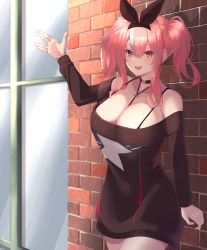 Rule 34 | 1girl, against wall, azur lane, between breasts, bra strap, breasts, bremerton (azur lane), bremerton (day-off date) (azur lane), brown sweater, dress, grey hair, highres, large breasts, looking at viewer, mashiro03, mole, mole on breast, multicolored hair, off-shoulder dress, off-shoulder sweater, off shoulder, official alternate costume, outdoors, pink eyes, pink hair, solo, standing, star (symbol), star print, strap between breasts, streaked hair, sweater, sweater dress, two-tone hair