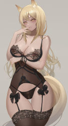 Rule 34 | 1girl, absurdres, animal ears, arknights, arm under breasts, black bra, black panties, blonde hair, bra, breasts, cleavage, finger to mouth, garter straps, highres, horse ears, horse girl, horse tail, lace, large breasts, lingerie, meowrim, naughty face, navel, nearl (arknights), panties, pony play, seductive smile, see-through, smile, solo, tail, thigh gap, thighs, underwear