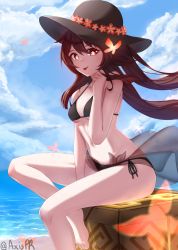 Rule 34 | 1girl, artist name, axis pr, barefoot, beach, between legs, bikini, black bikini, black hat, blue sky, breasts, brown hair, bug, butterfly, cleavage, cloud, collarbone, day, flower, flower-shaped pupils, genshin impact, hand between legs, hand up, hat, hat flower, hat ornament, highres, hu tao (genshin impact), insect, legs, long hair, looking at viewer, navel, open mouth, outdoors, plum blossoms, red eyes, side-tie bikini bottom, sidelocks, sitting, sky, small breasts, smile, solo, stomach, string bikini, swimsuit, symbol-shaped pupils, thighs, tongue, tongue out, very long hair, water