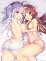 Rule 34 | 10s, 2girls, ahoge, aran sweater, backless outfit, bare arms, bare back, bare shoulders, beret, blue eyes, blush, grabbing another&#039;s breast, breasts, brown hair, butt crack, cable knit, colored eyelashes, cowboy shot, double bun, dress, grabbing, grey sweater, hair bun, hairband, halterneck, hat, headgear, highres, kantai collection, kashima (kancolle), kongou (kancolle), large breasts, long hair, looking at viewer, lying, meme attire, mogera81, multiple girls, naked sweater, on side, open mouth, pink sweater, purple eyes, ribbed sweater, sideboob, sidelocks, silver hair, sleeveless, sleeveless turtleneck, sweater, sweater dress, tsurime, turtleneck, turtleneck sweater, twintails, virgin killer sweater, wavy hair
