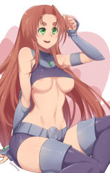 Rule 34 | 1girl, animification, areola slip, armlet, bad id, bad pixiv id, boots, breasts, brown hair, dc comics, eyebrows, gorget, green eyes, highres, long hair, midriff, navel, open mouth, sitting, skirt, smile, solo, starfire, stomach, stormcow, teen titans, thigh boots, thighhighs, underboob, very long hair