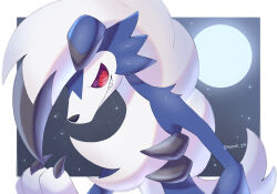 Rule 34 | animal focus, artist name, border, claws, commentary request, creatures (company), full moon, game freak, gen 7 pokemon, highres, iwasi 29, lycanroc, lycanroc (midnight), moon, night, night sky, nintendo, no humans, pokemon, pokemon (creature), red eyes, ringed eyes, sharp teeth, sky, smile, snout, star (sky), teeth, twitter username, white border, white fur