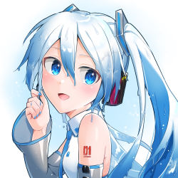 Rule 34 | 1girl, bare shoulders, big head, blue eyes, blue hair, blue nails, blue necktie, commentary, detached sleeves, from side, grey sleeves, hair ornament, hand up, hatsune miku, headphones, headset, holding, holding microphone, light blue hair, light smile, liquid hair, looking to the side, melting, microphone, nail polish, necktie, open mouth, shirt, shoulder tattoo, sleeveless, sleeveless shirt, solo, supo01, tattoo, upper body, vocaloid, white shirt, yuki miku, yuki miku (2010)