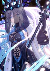 Rule 34 | 1girl, black dress, black gloves, blue eyes, braid, breasts, crown, dress, fate/grand order, fate (series), french braid, gloves, grey hair, highres, kazama (akki12), large breasts, long hair, long sleeves, looking at viewer, morgan le fay (fate), morgan le fay (queen of winter) (fate), pelvic curtain, ponytail, sidelocks, solo, staff, two-tone dress, veil, very long hair, white dress, wide sleeves