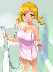 Rule 34 | 1girl, a1 (initial-g), bathroom, bathtub, blonde hair, blush, breasts, collarbone, cup, dot nose, drill hair, foreshortening, highres, holding, holding cup, holding shower head, indoors, large breasts, long hair, looking at viewer, mahou shoujo madoka magica, mahou shoujo madoka magica (anime), naked towel, open mouth, parted bangs, pink towel, raised eyebrows, shower head, smile, solo, standing, thighs, tomoe mami, towel, yellow eyes