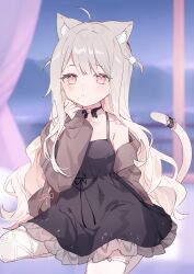 Rule 34 | 1girl, absurdres, animal ear fluff, animal ears, asymmetrical legwear, black choker, black dress, brown jacket, cat ears, cat girl, cat tail, choker, commission, dress, expressionless, gradient hair, grey hair, highres, indie virtual youtuber, jacket, long hair, long sleeves, looking at viewer, mismatched legwear, mokyuko, multicolored hair, off shoulder, open clothes, open jacket, pink eyes, pink hair, second-party source, sitting, skeb commission, sleeveless, sleeveless dress, sleeves past wrists, solo, tail, thighhighs, uise iu, virtual youtuber, wavy hair, white hair, white thighhighs