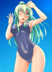 Rule 34 | 1girl, alternate hairstyle, blue sky, blue one-piece swimsuit, breasts, cameltoe, collarbone, competition swimsuit, covered navel, cowboy shot, day, frog, frog hair ornament, from above, green hair, hair between eyes, hair ornament, hair tubes, highleg, highleg swimsuit, kochiya sanae, long hair, looking at viewer, medium breasts, one-piece swimsuit, one eye closed, open mouth, outdoors, ponytail, sky, smile, snake hair ornament, solo, swimsuit, tokyo yamane, touhou