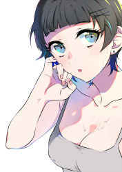 Rule 34 | 1girl, :o, black hair, blue eyes, blunt bangs, blush, breasts, cleavage, earrings, hair ornament, hairclip, hand on own face, jewelry, looking to the side, nail polish, original, short hair, solo, sweat, tank top, yuura