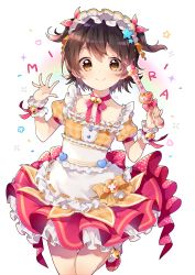 Rule 34 | 1girl, absurdres, akagi miria, ankle bell, apron, bell, blush, bow, brown bow, brown eyes, brown hair, character name, closed mouth, collarbone, commentary request, frilled apron, frilled shirt, frills, hair ribbon, hands up, heart, highres, holding, idolmaster, idolmaster cinderella girls, idolmaster cinderella girls starlight stage, jingle bell, plaid, plaid bow, plaid shirt, pleated skirt, puffy short sleeves, puffy sleeves, red footwear, red ribbon, red skirt, ribbon, ribbon-trimmed apron, ribbon-trimmed shirt, ribbon trim, risui (suzu rks), shirt, shoes, short hair, short sleeves, skirt, smile, socks, solo, sparkle, standing, standing on one leg, star (symbol), two side up, waist apron, white apron, white background, white socks, wrist cuffs