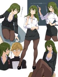 Rule 34 | 1boy, 1girl, alternate costume, alternate hairstyle, bespectacled, black jacket, black skirt, blonde hair, breasts, brown pantyhose, chalk, chalkboard, cleavage, commentary request, contemporary, crossed legs, dress shirt, glasses, green hair, hair down, high heels, highres, holding, holding chalk, jacket, land (sousou no frieren), long hair, long sleeves, looking at viewer, medium breasts, multiple views, on one knee, pantyhose, partially unbuttoned, pencil skirt, shirt, sitting, skirt, smile, sousou no frieren, standing, teacher and student, thighs, translation request, ubel (sousou no frieren), white shirt, yami anko
