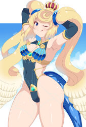 Rule 34 | 1girl, :p, ;), armpits, arms behind head, artist name, blonde hair, blue eyes, blue gloves, blue one-piece swimsuit, blue sky, breasts, center opening, cleavage, cloud, cloudy sky, cowboy shot, crown, curvy, elbow gloves, gloves, highleg, highleg swimsuit, highres, kihaiu, long hair, looking at viewer, medium breasts, one-piece swimsuit, one eye closed, outdoors, presenting armpit, sheba (xenoblade), sky, smile, solo, swimsuit, thighs, tongue, tongue out, twintails, very long hair, xenoblade chronicles (series), xenoblade chronicles 2