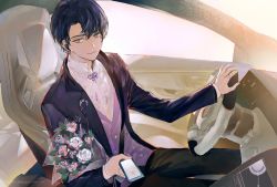 Rule 34 | 1boy, black jacket, bouquet, car, car interior, car seat, city, closed mouth, earpiece, earrings, flower, formal, holding, holding phone, jacket, jewelry, laoyepo, long sleeves, looking at viewer, male focus, marius von hagen (tears of themis), motor vehicle, phone, polo shirt, purple eyes, purple hair, rose, seatbelt, shirt, sky, smile, solo, steering wheel, tears of themis, unfinished, white flower, white rose, white shirt, white sky