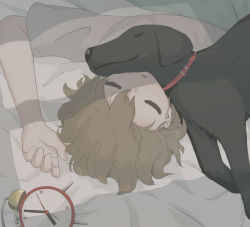Rule 34 | 1boy, absurdres, alarm clock, avogado6, clock, dog, closed eyes, grey shirt, hand up, highres, lying, male focus, on back, on bed, original, parted lips, shirt, short sleeves, smile, solo, upper body, upside-down