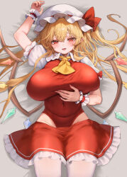 1girl ascot blonde_hair blush breasts clothes_pull covered_navel crystal crystal_wings fang flandre_scarlet frilled_skirt frills hat hat_ribbon huge_breasts large_breasts leotard long_hair looking_at_viewer mikan_(manmarumikan) miniskirt mob_cap multicolored_wings one_side_up open_mouth plump puffy_short_sleeves puffy_sleeves red_eyes red_leotard red_skirt ribbon short_sleeves side_ponytail skin_fang skirt skirt_pull skirt_set smile solo thick_thighs thighs touhou white_hat wings wrist_cuffs yellow_ascot