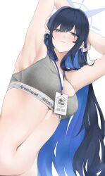 Rule 34 | 1girl, armpits, arms up, black hair, blue archive, blue eyes, blue hair, bra, closed mouth, colored inner hair, fte (fifteen 199), grey bra, groin, halo, highres, lanyard, long hair, multicolored hair, navel, saori (blue archive), simple background, solo, stomach, two-tone hair, underwear, upper body, very long hair, white background