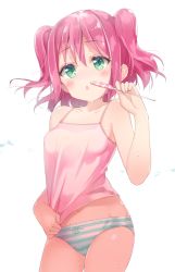 Rule 34 | 1girl, blush, breasts, camisole, candy, chestnut mouth, contrapposto, cowboy shot, crop top, food, green eyes, kurosawa ruby, lollipop, love live!, love live! sunshine!!, micopp, navel, no pants, open mouth, panties, pink hair, shirt tug, simple background, small breasts, solo, standing, striped clothes, striped panties, sweat, two side up, underwear, white background