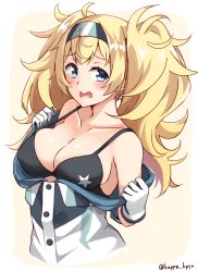 Rule 34 | 1girl, bare shoulders, big hair, bikini, black bikini, blonde hair, blue eyes, blue hairband, blue shirt, blush, breasts, cleavage, collarbone, commentary request, covered erect nipples, gambier bay (kancolle), gloves, hairband, hands up, highres, jacket, kantai collection, kapatarou, large breasts, long hair, looking at viewer, off shoulder, open clothes, open shirt, revision, shirt, solo, swimsuit, tears, twintails, twitter username, upper body, very long hair, wavy mouth, white gloves, white jacket
