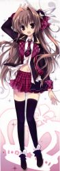 Rule 34 | 1girl, :d, absurdres, aomi maika, black thighhighs, blazer, bow, brown hair, feathers, hair bow, hair intakes, hair ornament, hairpin, highres, huge filesize, jacket, karory, legs, long image, navel, necktie, open mouth, original, plaid, plaid bow, plaid skirt, purple eyes, purple skirt, school uniform, shoes, skirt, smile, solo, tall image, thighhighs