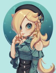 Rule 34 | 1girl, alternate costume, alternate hairstyle, bare shoulders, beret, blonde hair, blue background, blue eyes, braid, earrings, hair over one eye, halterneck, hat, highres, jewelry, long hair, looking at viewer, mario (series), nail polish, nintendo, nonana (galaxycat89p13), pin, pink nails, rosalina, smile, solo, super mario galaxy, upper body
