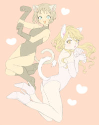 Rule 34 | 10s, 2girls, animal ears, bad id, bad pixiv id, blonde hair, boots, brown eyes, cat ears, cat tail, elbow gloves, fangs, flat color, gloves, green eyes, heart, high heels, huang baoling, karina lyle, kemonomimi mode, leotard, long hair, multiple girls, pale color, paw pose, shoes, short hair, simple background, slit pupils, suho-i47, tail, tiger &amp; bunny, yellow eyes