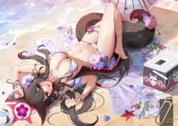 Rule 34 | 1girl, absurdres, animal ear fluff, animal ears, bare legs, bare shoulders, beach, bikini, black hair, blue archive, blush, bow, breasts, cleavage, cooler, day, flower, fox ears, fox girl, fox tail, from above, full body, hair flower, hair ornament, halo, highres, large breasts, long hair, looking at viewer, lying, navel, oil-paper umbrella, on back, open mouth, outdoors, qinshishizhang, sand, smile, solo, stomach, string bikini, swimsuit, tail, tail flower, tail ornament, thigh strap, umbrella, very long hair, wakamo (blue archive), wakamo (swimsuit) (blue archive), water, white bikini, yellow eyes
