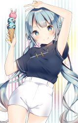 Rule 34 | 1girl, :q, absurdres, arm up, blue hair, blue shirt, blush, braid, breasts, brown hair, closed mouth, commentary request, fingernails, food, hand up, head tilt, highres, holding, holding food, ice cream, ice cream cone, long hair, multicolored hair, nail polish, original, shiino sera, shirt, short shorts, short sleeves, shorts, small breasts, smile, solo, striped, striped background, tongue, tongue out, triple scoop, twintails, two-tone hair, vertical stripes, very long hair, white shorts, wide sleeves, yellow nails