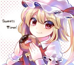 Rule 34 | 1girl, ascot, bad id, bad twitter id, blonde hair, doughnut, eating, english text, flandre scarlet, food, hat, itsumizu, red eyes, ribbon, short hair, side ponytail, smile, solo, touhou, wings
